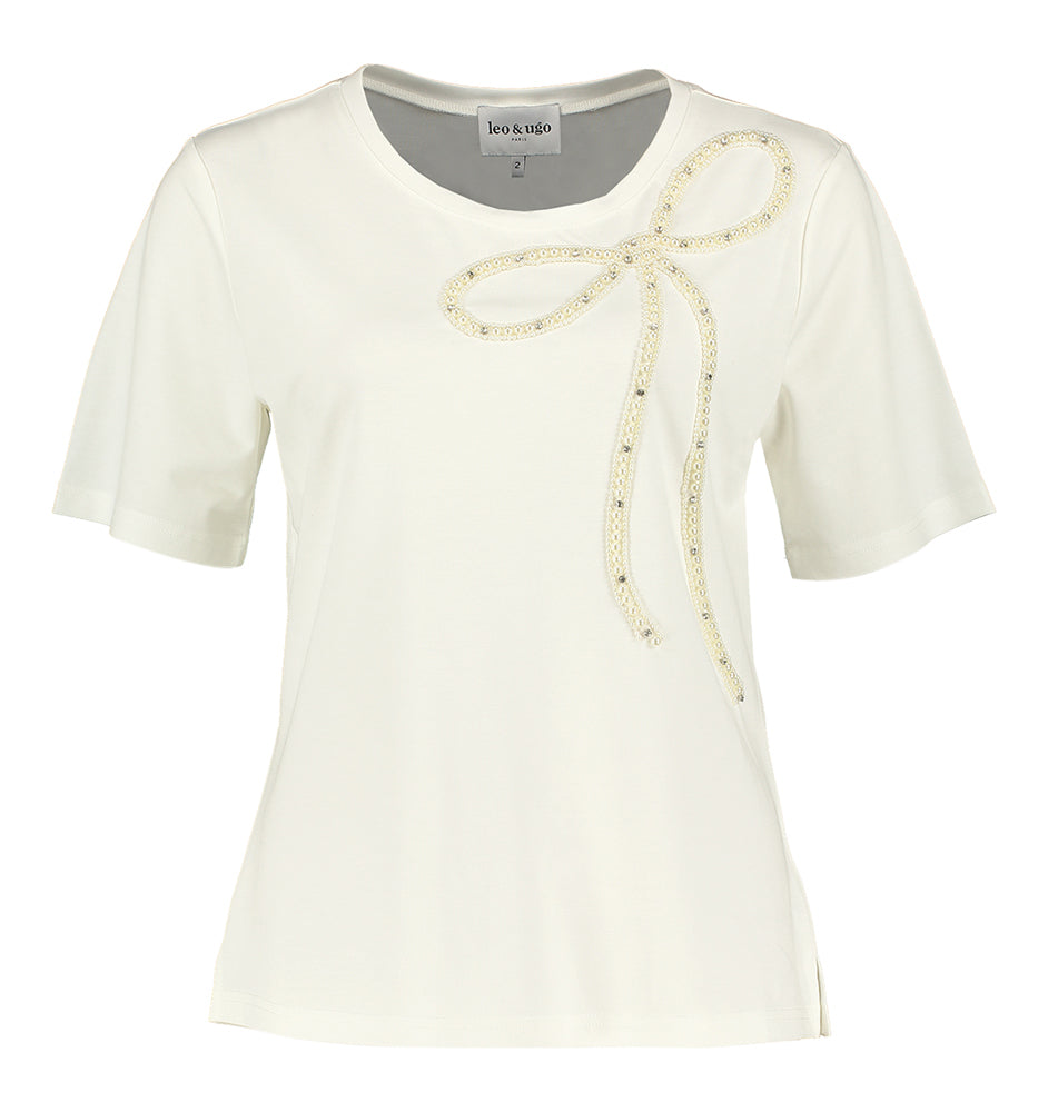 Ecru t-shirt met ronde hals en detail in kralen Tev Leo & Ugo