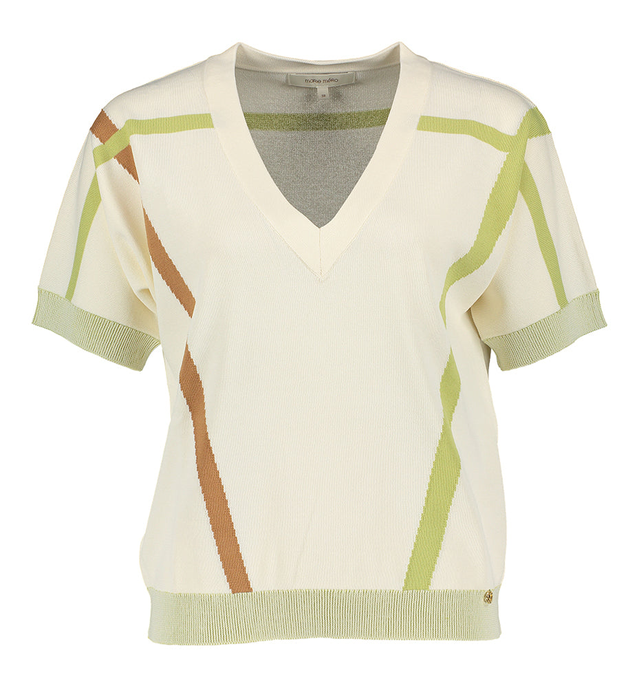 Pull rayé crème et olive à col en V Marie Méro