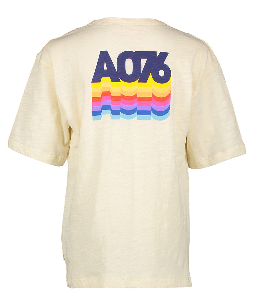 Ecru katoenen t-shirt met kleurrijke opdruk op de achterkant AO76