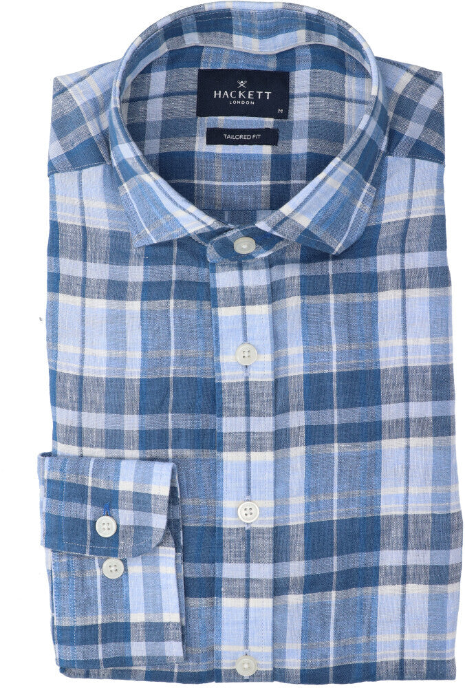 Linnen hemd in blauwtinten (regular fit) met lange mouwen Hackett