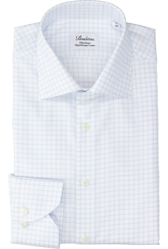 Chemise en coton blanc (coupe confort) à carreaux bleus et manches longues Stenströms