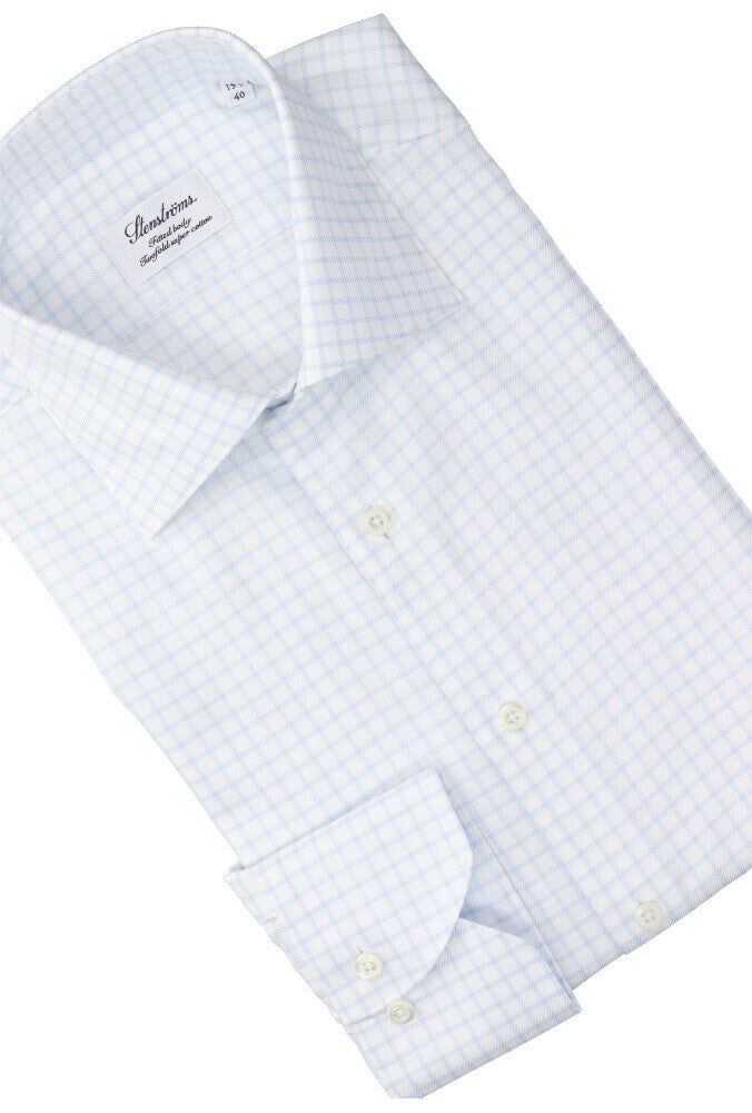 Chemise en coton blanc (coupe confort) à carreaux bleus et manches longues Stenströms