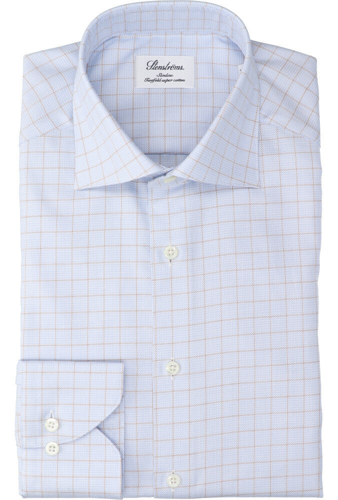 Chemise en coton bleu clair (coupe ajustée) à carreaux et manches longues Stenströms