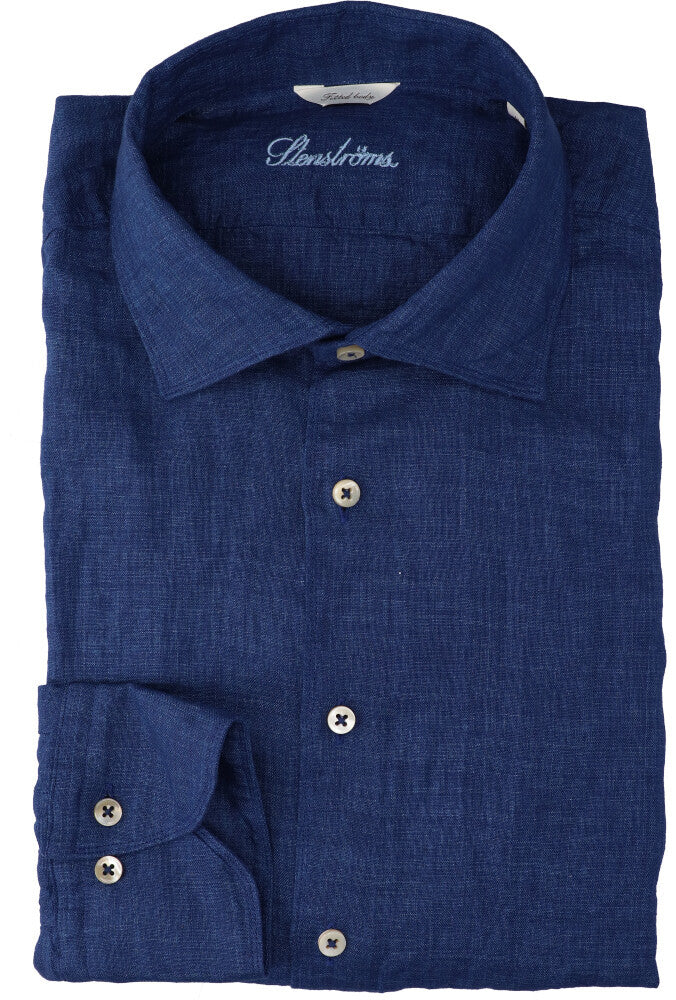 Chemise en lin bleu jean (coupe classique) à manches longues Stenströms