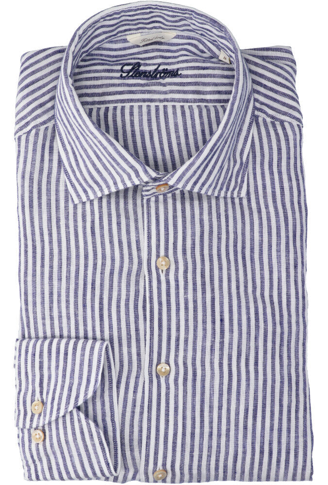 Chemise en lin blanc (coupe classique) à rayures et manches longues Stenströms