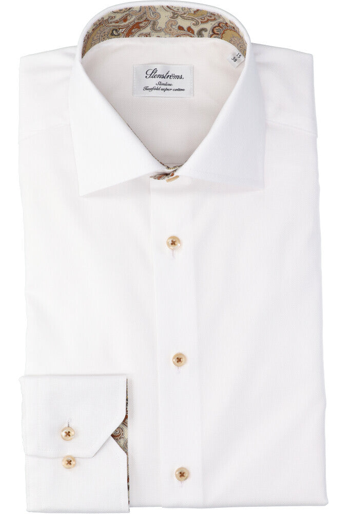Chemise blanche en coton (coupe ajustée) à manches longues et boutons beiges Stenströms