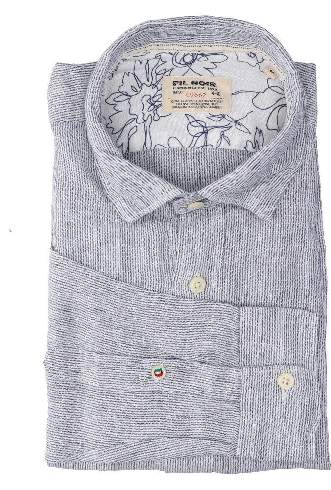 Chemise en lin blanc (coupe ajustée) à rayures et manches longues Fil Noir