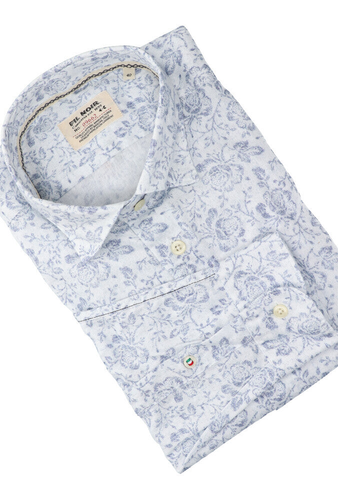 Chemise en coton blanc (coupe ajustée) à fleurs et manches longues Fil Noir