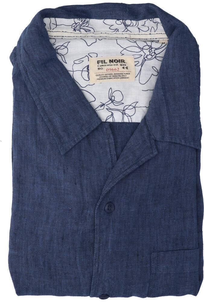 Chemise en lin bleu denim (coupe ajustée) à manches courtes Fil Noir