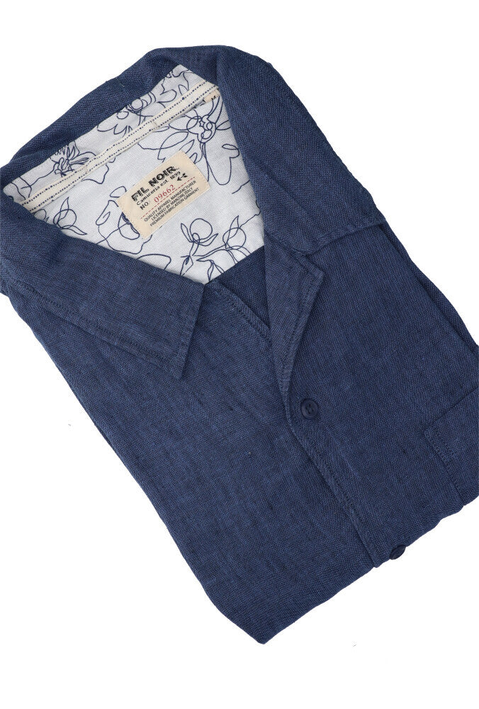 Chemise en lin bleu denim (coupe ajustée) à manches courtes Fil Noir