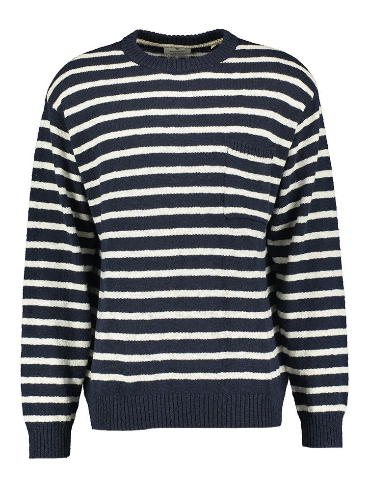 Pull Anerkjendt en coton rayé bleu foncé et blanc à col rond