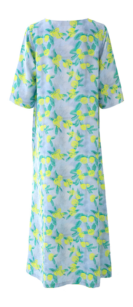 Robe longue ample bleue à imprimé fleuri Francine Nathalie Vleeschouwer