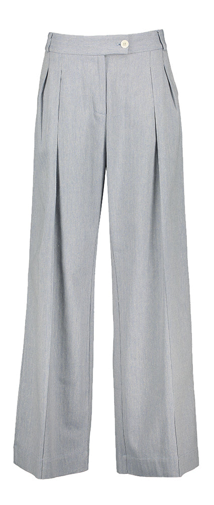 Pantalon large bleu à plis et motif Nathalie Vleeschouwer