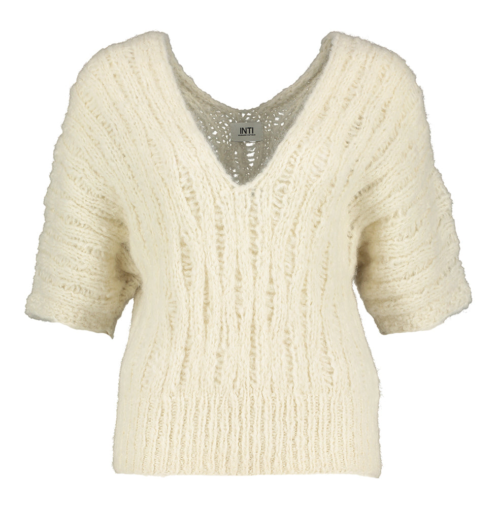 Ecru wollen pull met V-hals en korte mouwen Rosa Inti