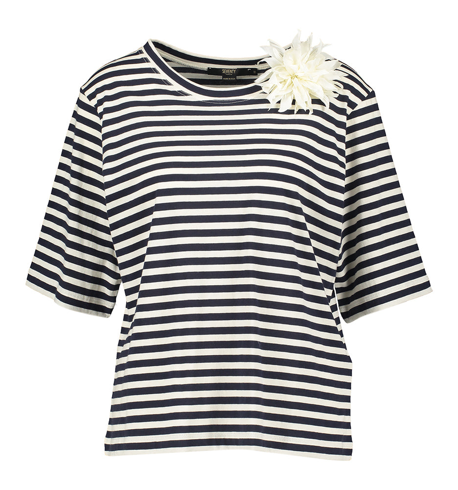 Blauw wit gestreepte t-shirt met broche Seventy