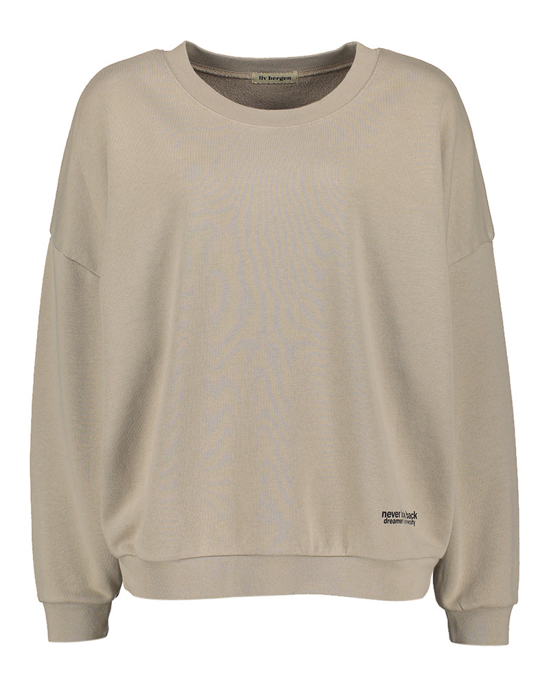 Taupe oversized sweater met opdruk Ella Dream Liv Bergen
