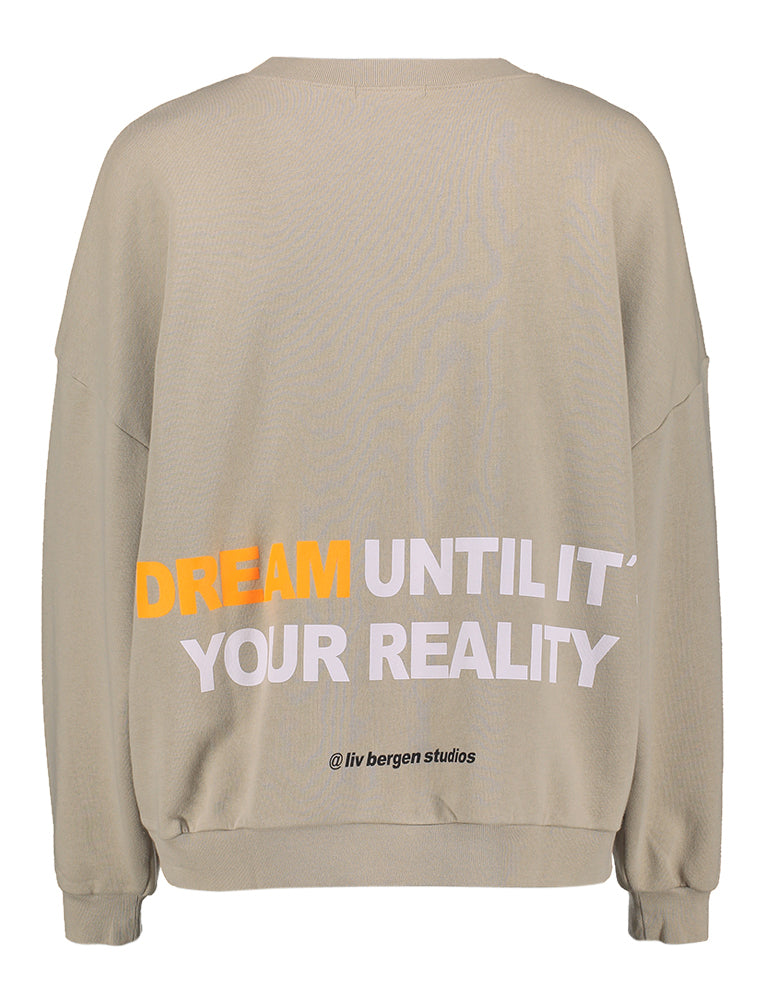 Taupe oversized sweater met opdruk Ella Dream Liv Bergen