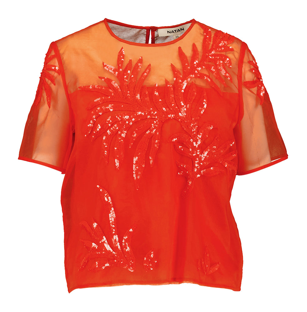 Roodkleurige blouse met print in pailletten Clovis Natan