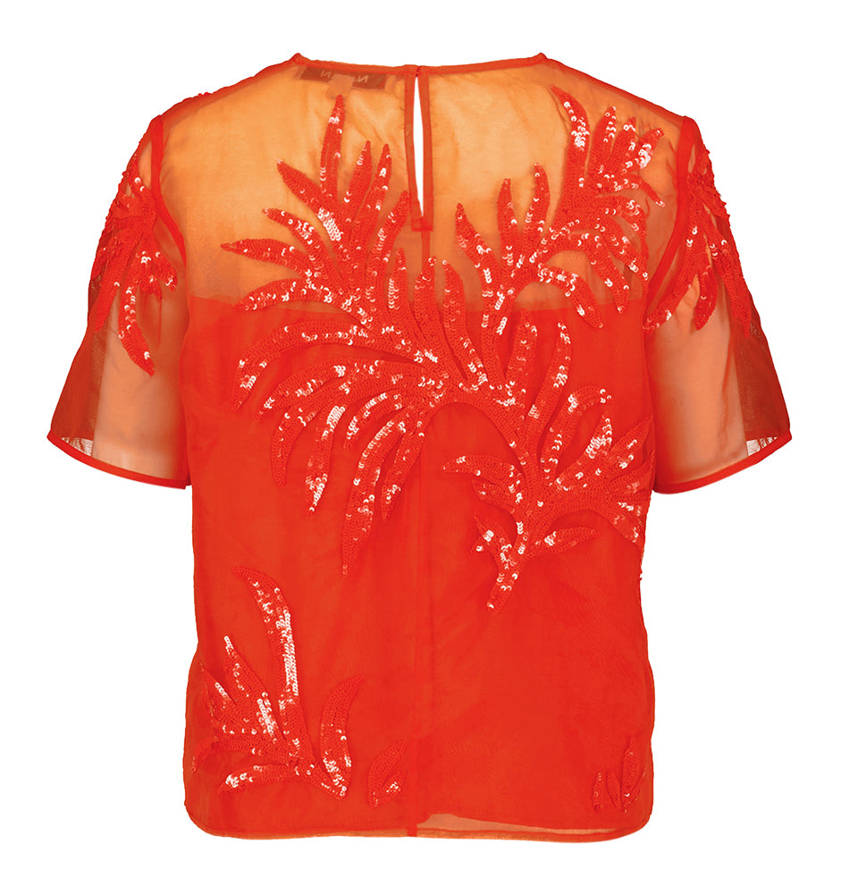 Roodkleurige blouse met print in pailletten Clovis Natan
