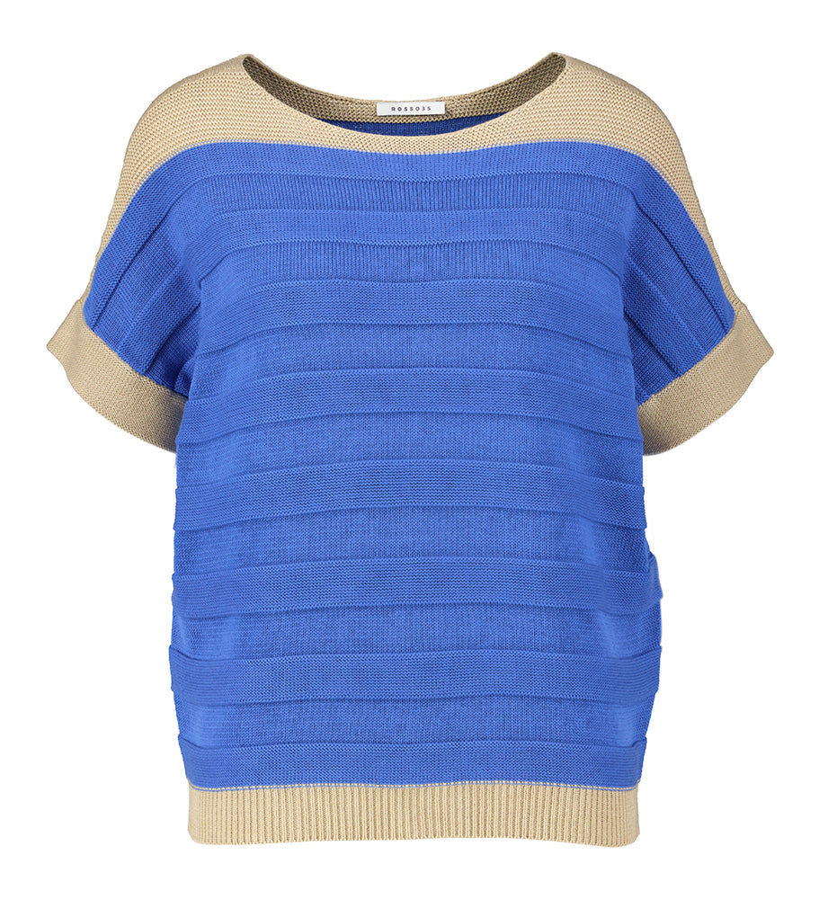 Blauwkleurige pull met korte mouwen en camelkleurige details Rosso 35