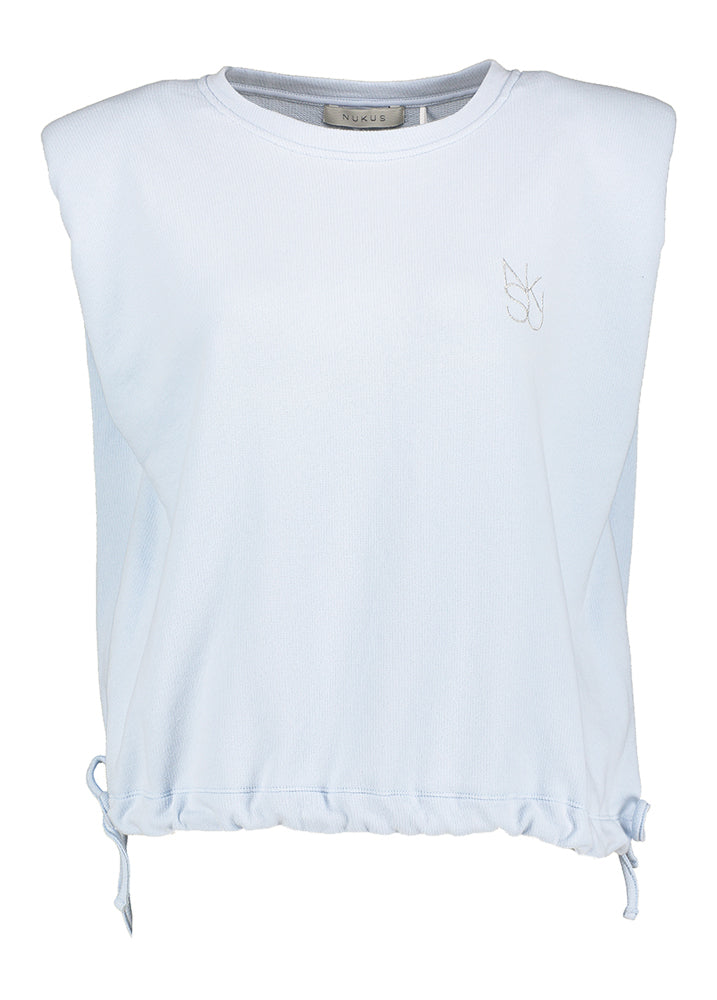 Pull bleu sans manches avec un lien à nouer en bas, signé Babette Nukus