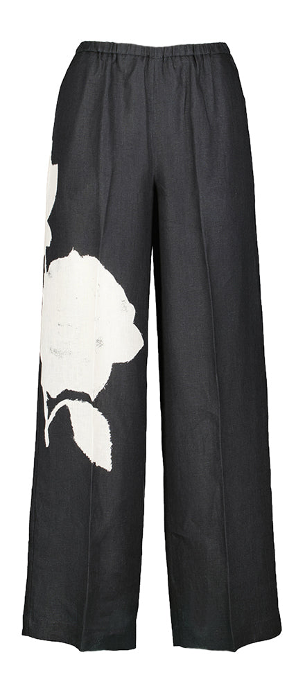 Donkergrijze linnen broek met ecru print op één been Liviana Conti