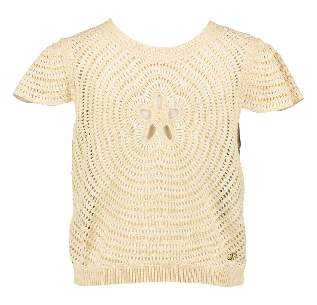 Ensemble twin-set beige en crochet avec boutons au dos