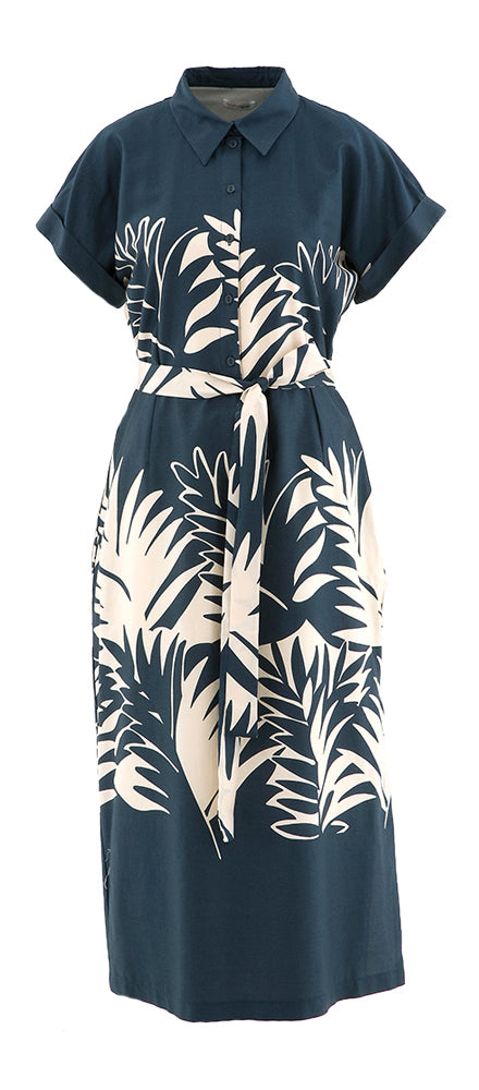 Robe longue bleu foncé à imprimé floral beige et fente latérale Nelles Atmos