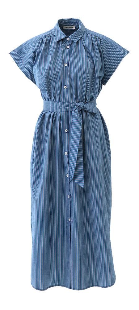 Robe-chemise longue bleue à rayures et manches courtes Sardaigne Bellepiece