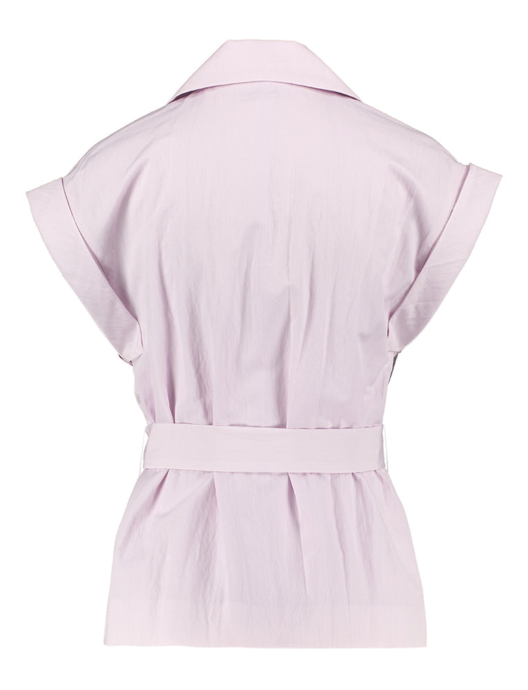 Chemisier lilas à boutons décoratifs et ceinture assortie, signé Caroline Biss