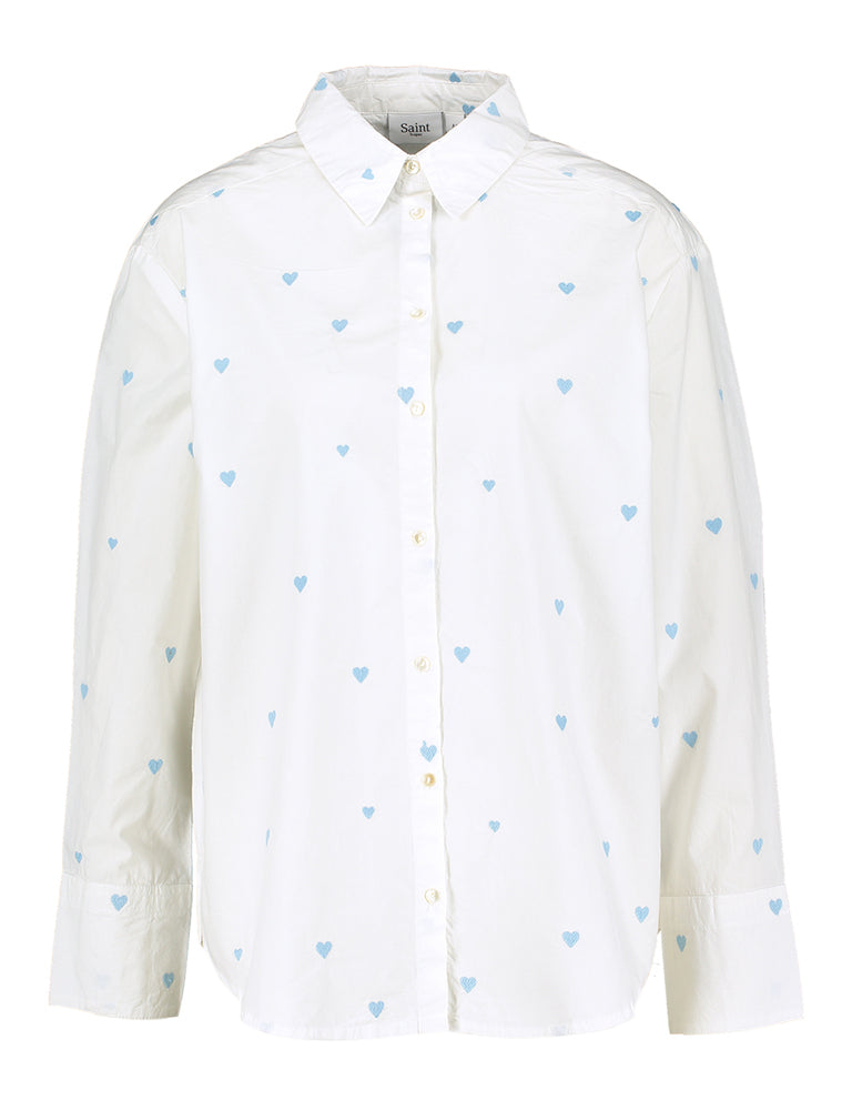 Chemisier en coton blanc à motif de cœur bleu clair Saint Tropez