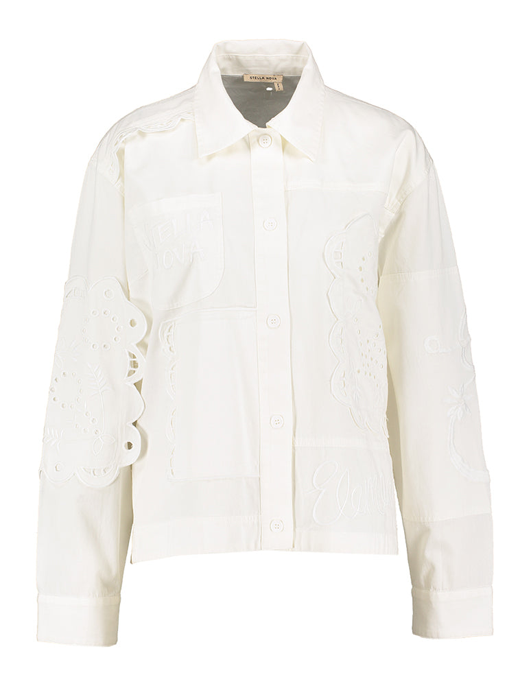 Witte katoenen blouse met lange mouwen en details Stella Nova