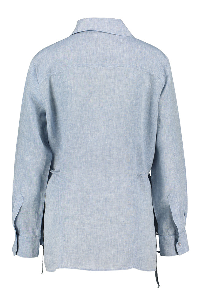 Lichtblauwe linnen bloes met detail aan de taille Sharon Momoni