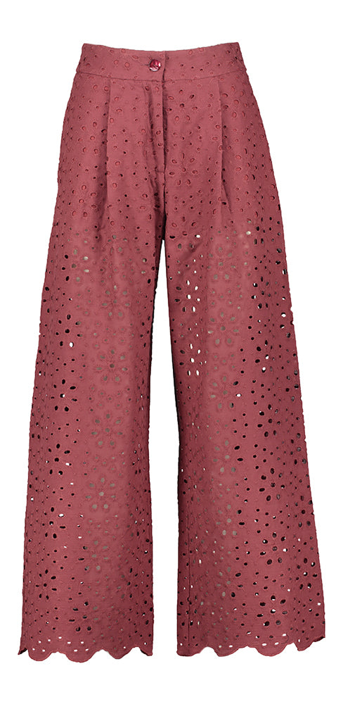 Pantalon bordeaux à détails en dentelle Kuyu Momoni