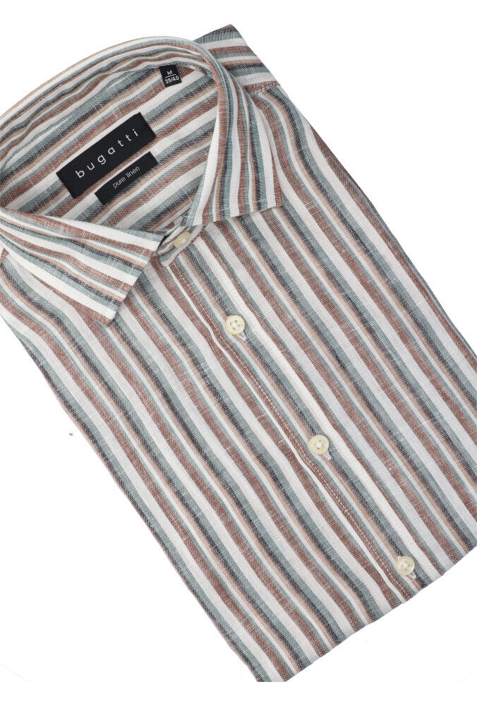 Chemise en lin blanc (coupe classique) à rayures et manches longues Bugatti