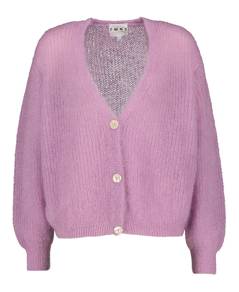 Gilet en laine couleur lilas avec boutons couleur nacre Twins