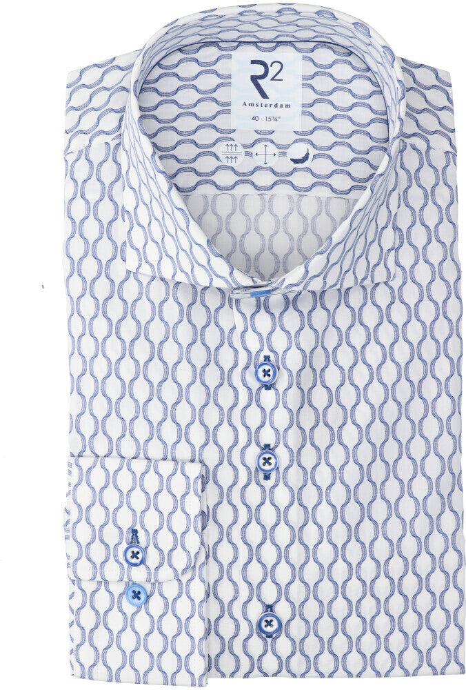 Blauw en wit katoenen hemd (slim fit) met lange mouwen R2