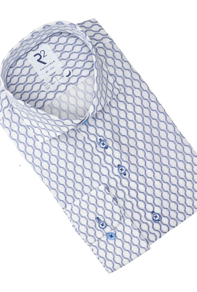 Blauw en wit katoenen hemd (slim fit) met lange mouwen R2