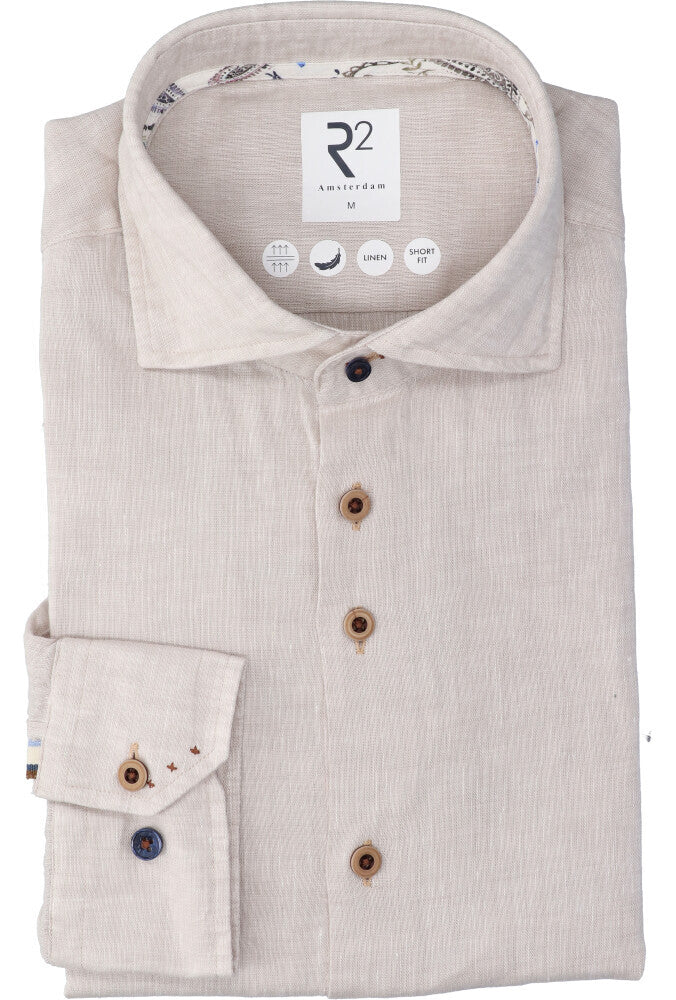Greige linnen hemd (regular fit) met lange mouwen R2