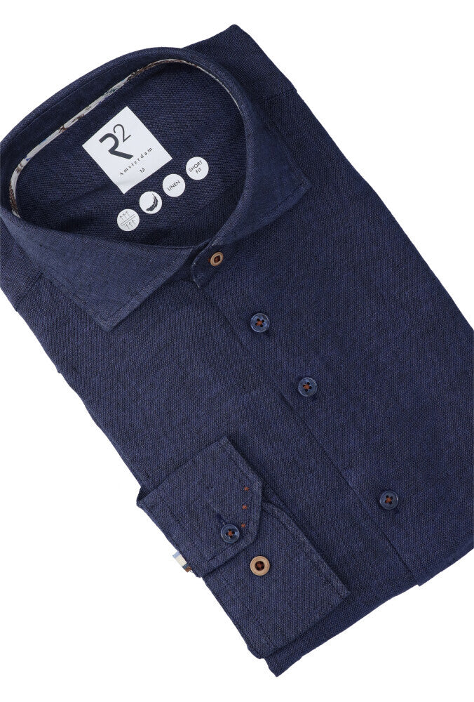 Donkerblauw linnen hemd (regular fit) met lange mouwen R2