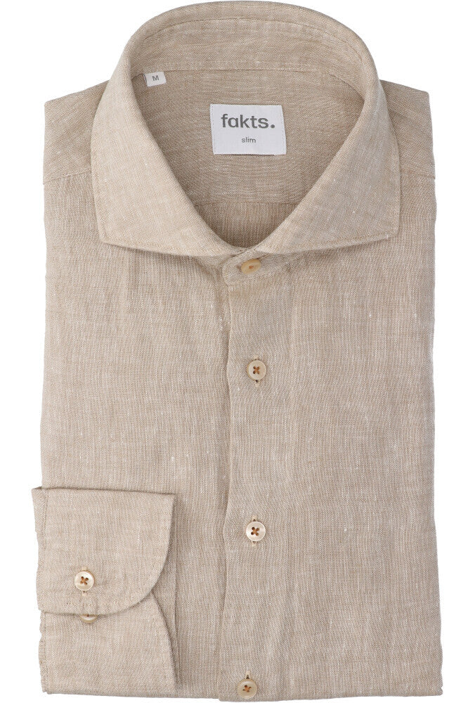 Chemise unie en lin marron (coupe ajustée) à manches longues Leisure Fakts