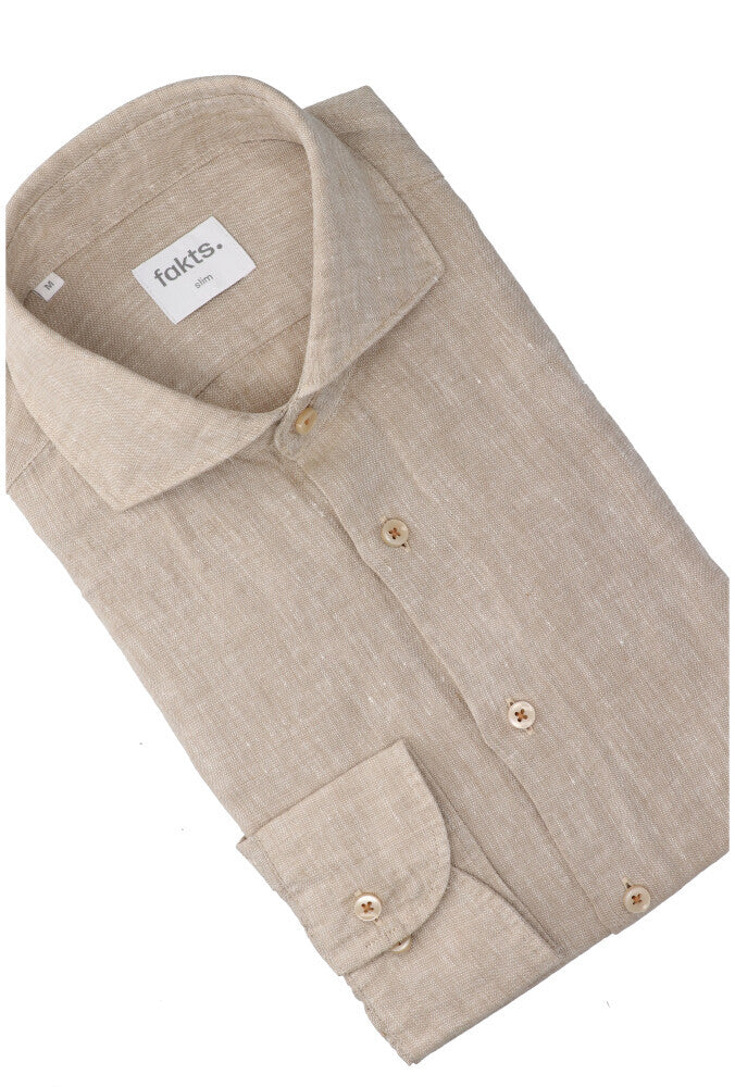 Chemise unie en lin marron (coupe ajustée) à manches longues Leisure Fakts