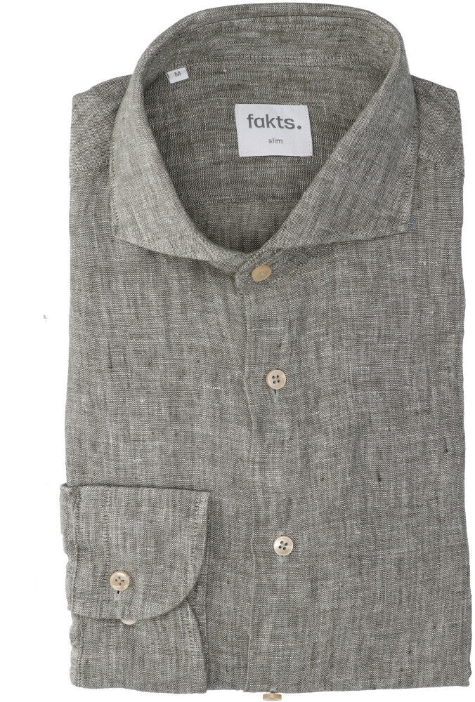 Chemise en lin vert olive (coupe ajustée) à manches longues Leisure Fakts