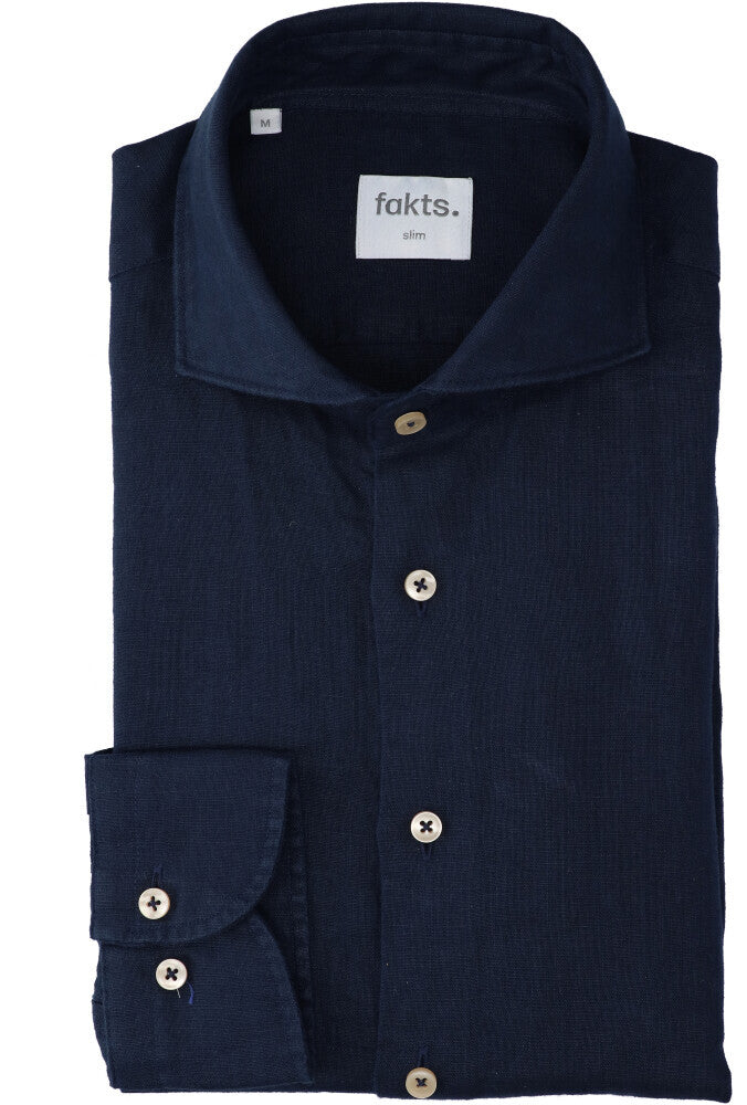 Chemise bleu foncé en lin uni (coupe ajustée) à manches longues Leisure Fakts