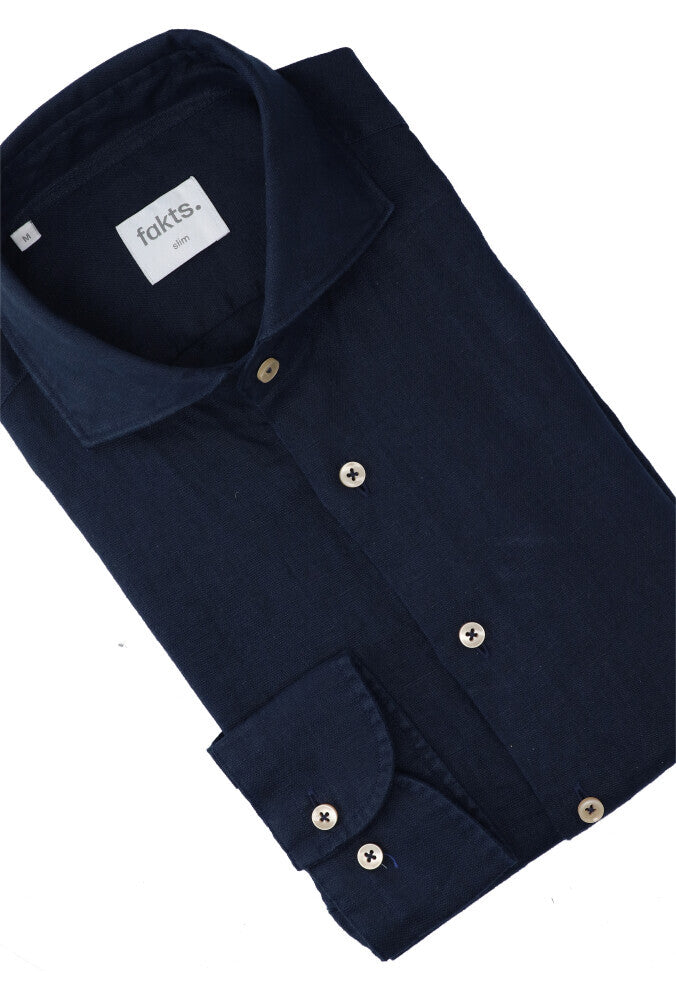 Chemise bleu foncé en lin uni (coupe ajustée) à manches longues Leisure Fakts
