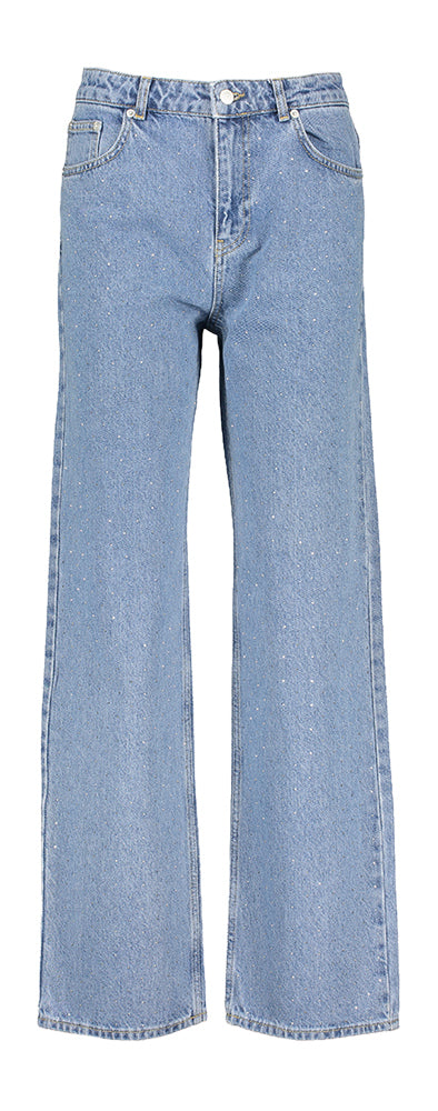 Jean bleu vintage ample à taille haute orné de strass argentés Simona Neo Noir