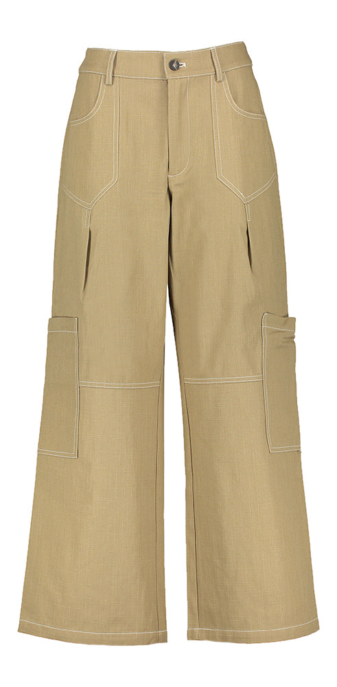 Pantalon cargo couleur noyer avec surpiqûres blanches Co'Couture