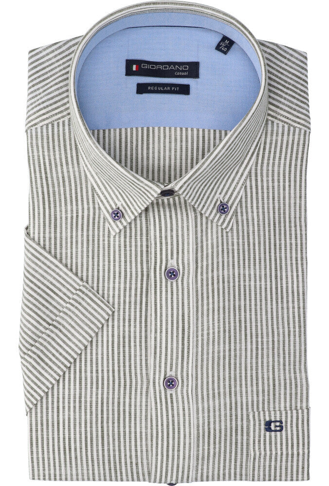 Chemise en lin rayée blanche et verte (coupe classique) à manches courtes Giordano