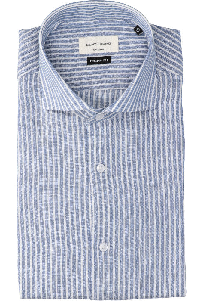Chemise en lin bleu (coupe classique) à rayures et manches longues Gentiluomo