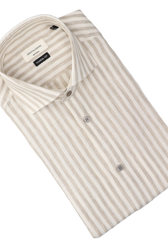 Chemise en lin blanc (coupe classique) à rayures et manches longues Gentiluomo